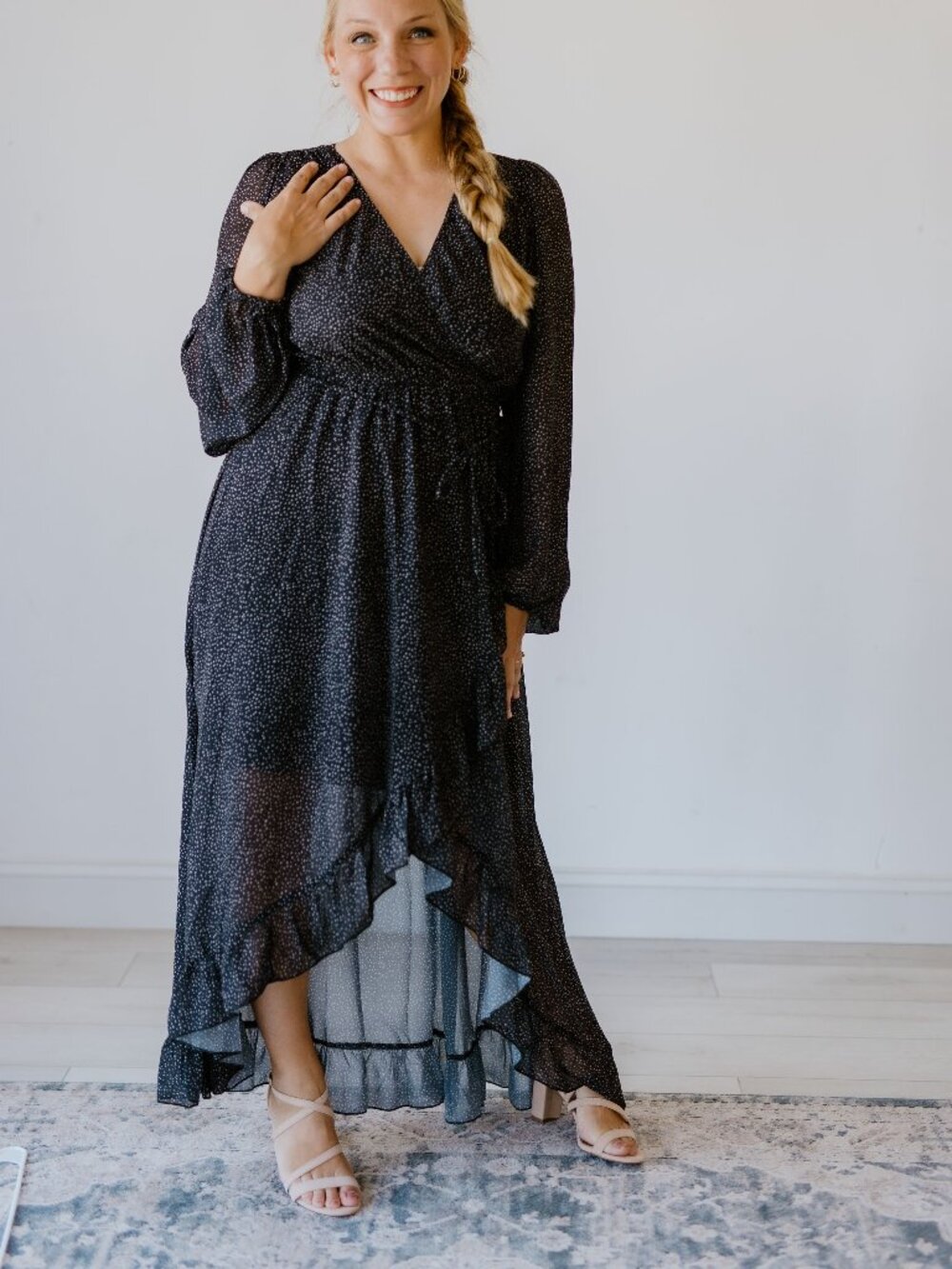 Mia Joy Black & White Dotted High‑Low Ruffle Dress – Size L